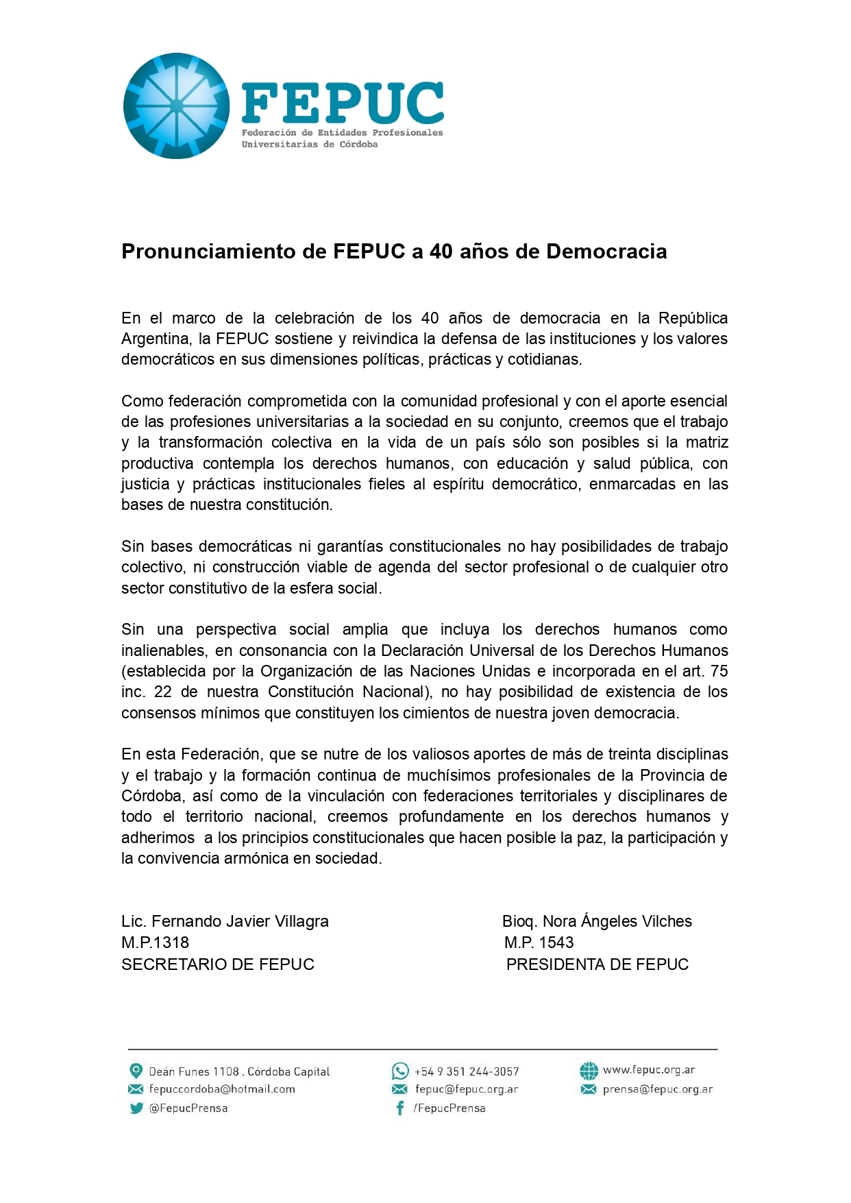 Pronunciamiento de FEPUC a 40 años de Democracia
